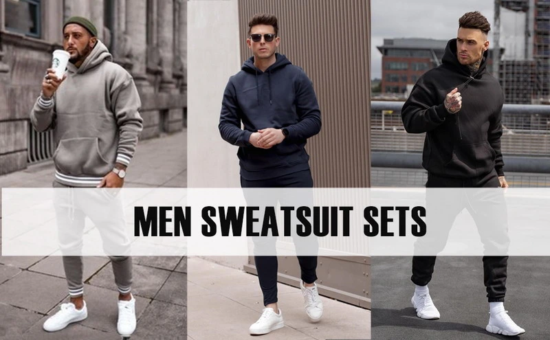 Stylish Mens 2PCS Loose Fit Hooded Gym Sweatshirt + Jogger Pants with Zipper Pocket Fitness Tracksuit Casual Hoodie Sweat Suit Athletic Sportswear Set